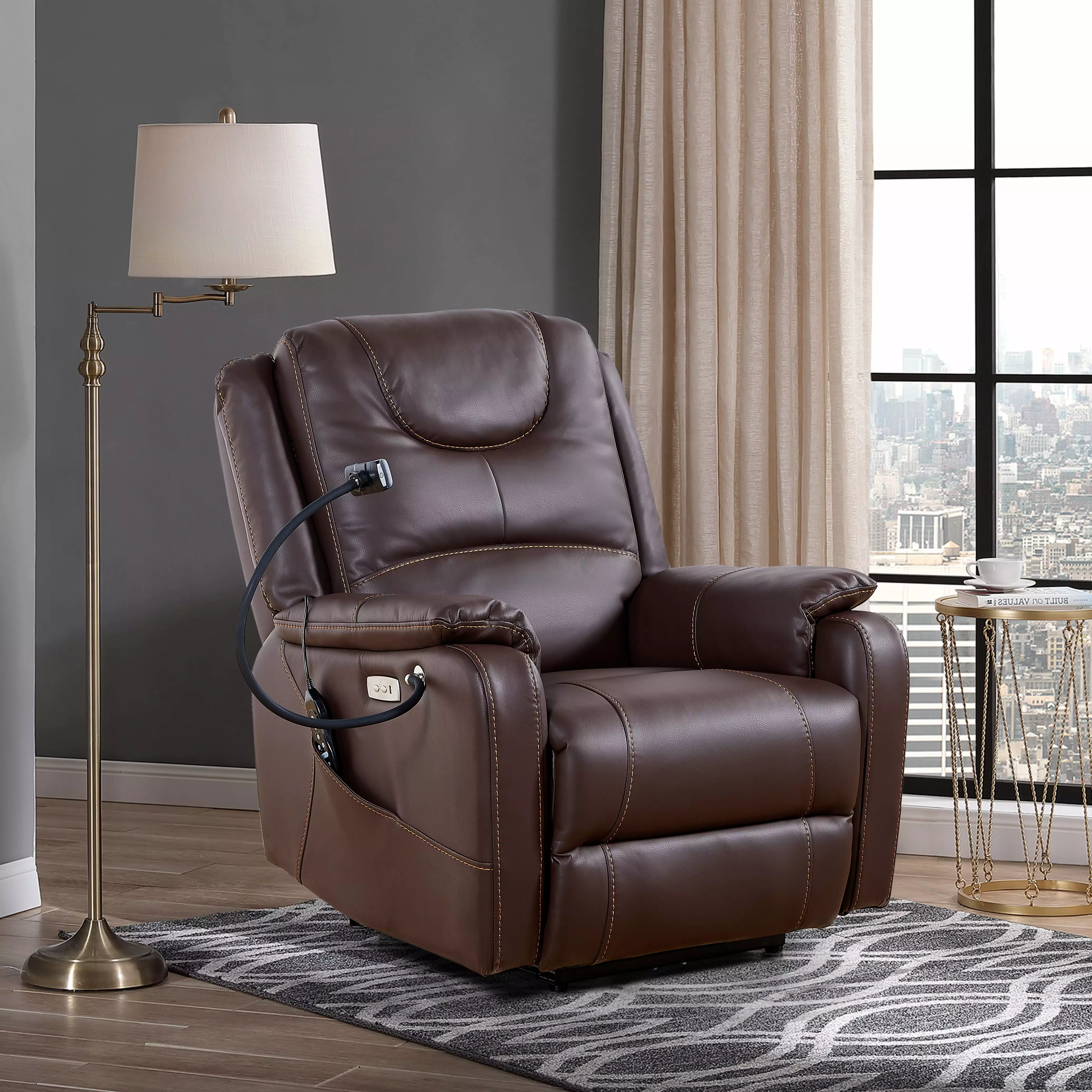 Zero Gravity Power Recliner Massage, Heating, USB Ports, Phone Holder, Side Pockets, Brown Living Room Chair Jamini